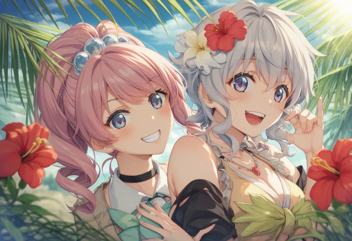 Arching the back, （Highest quality））（masterpiece））（detailed）A cute elf girl、Beach，Giddy Smile, Arched Back, bandeau bikini, Booty pose