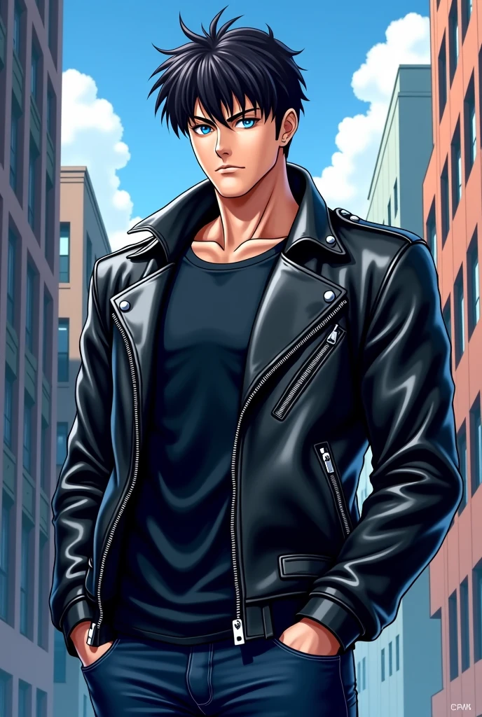 Green-eyed man with straight hair thrown back dressed in a black leather jacket