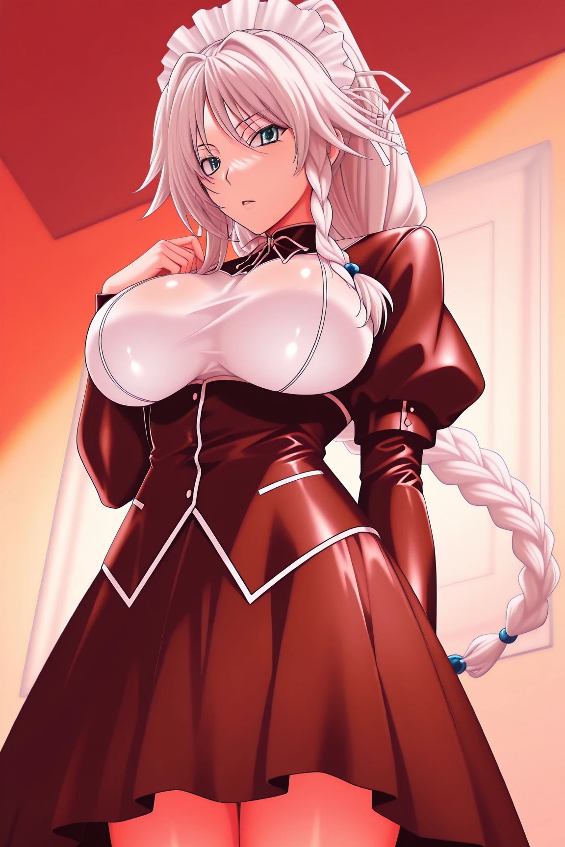 -Anime style- -High quality- -artwork- A beautiful woman, long white hair, bright blue eyes, red horns, tall body or build, with normal ears, VERY large breasts, butt big, wide waist, dressed in angelic or god clothes, angelic long pants, super giant body, looking at a small house with a surprised expression