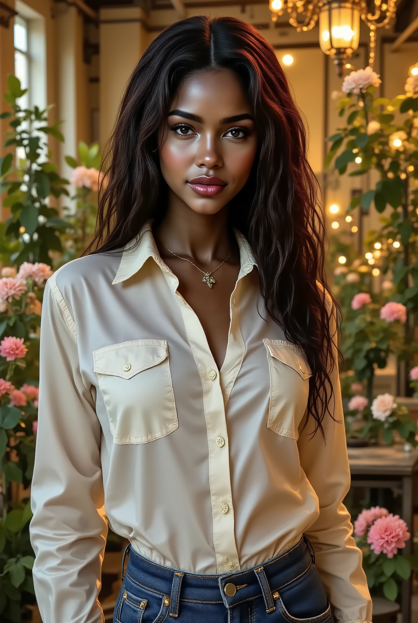 Foto hiperrealista en primer plano de bi-racial woman, masterpiece, best quality, (photorealistic:1.4), (luxury long button up lace shirt :1.15), (blue jeans:1.2), cinematic light, wavy hair, in a old abandoned factory, amber twinkle lights in background, romantic lighting, (surrounded by flowers:1,15)