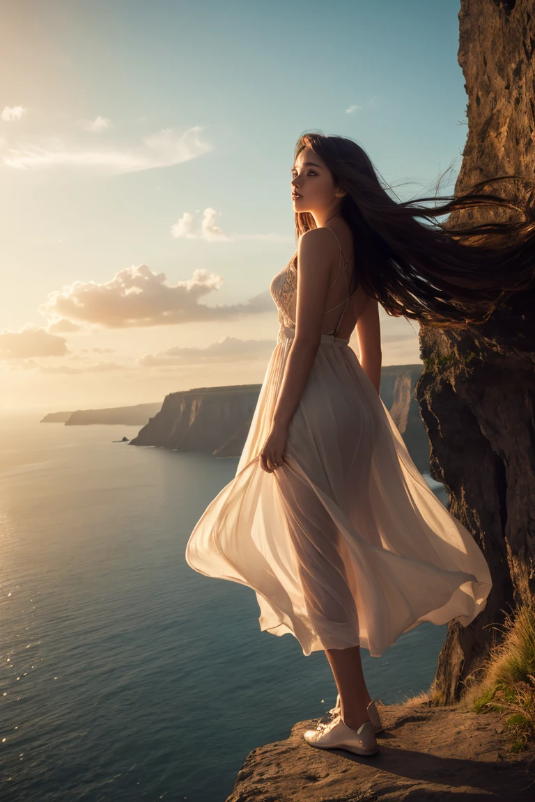 In this compelling image, a woman's silhouette emerges against a breathtaking backdrop of vibrant orange hues. Caught in the midst of a gentle, swirling wind, her flowing hair and billowing dress possess an ethereal quality. The letter she holds seems to be suspended in mid-air, its scripted words dancing in the breeze. This captivating scene is presented as a stunning, high-resolution photograph, expertly capturing the woman's graceful poise and the dynamic play of light and shadow. By paolasalome. The seamless blending of colors and the impeccable attention to detail make this image a testament to the artist's skill and the woman's mysterious allure., vibrant, 3d render, cinematic, illustration, anime, portrait photography, conceptual art, photo, painting