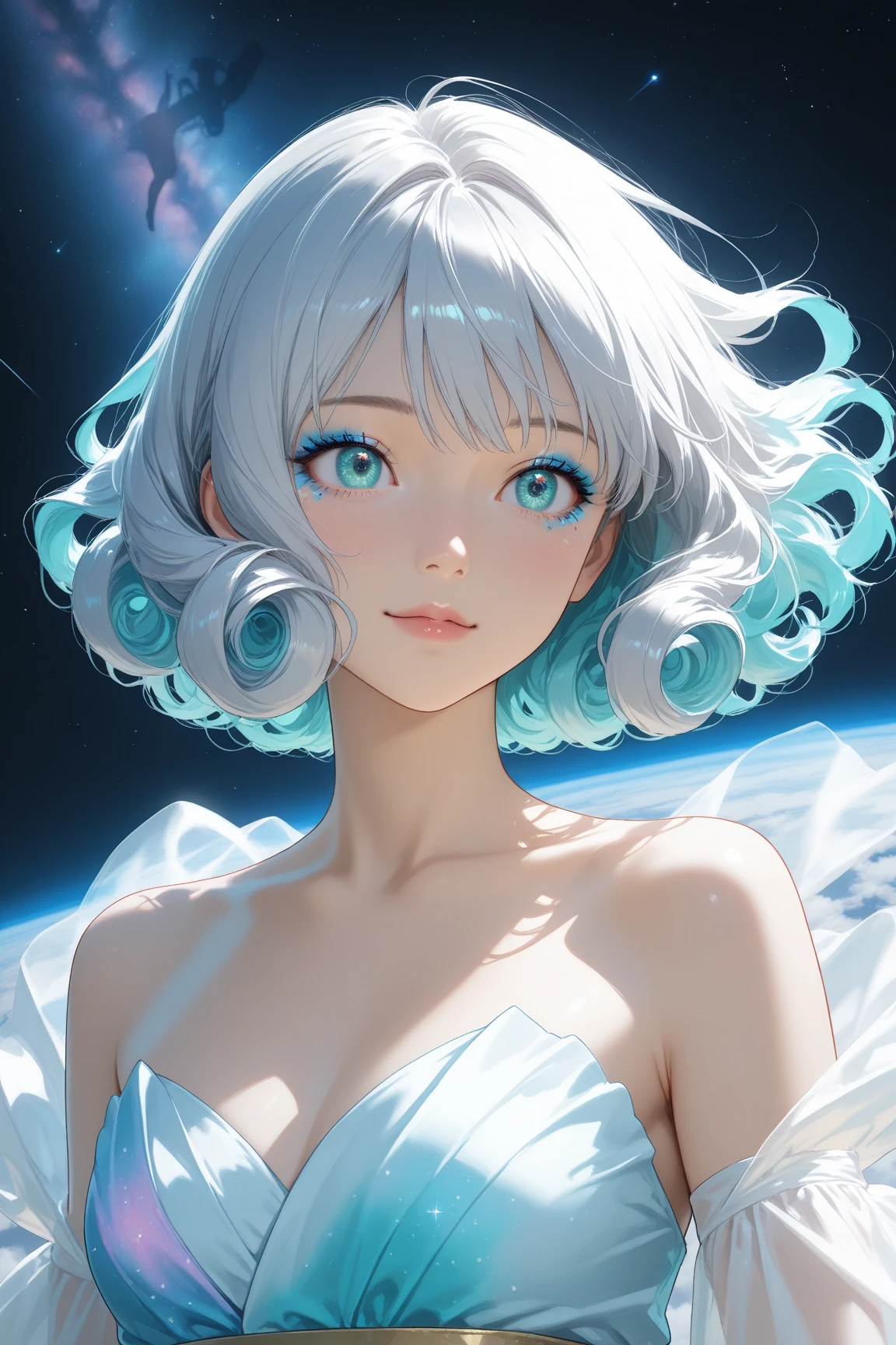 ((((((masterpiece)))))), ((((best quality)))), ((illustration)), ((beautiful detailed girl)), (((((ultra-detailed))))), ((((((((((dynamic composition)))))))))), curly hair, short white hair, ((diamond earrings)), bangs , thick eyebrows, (((blue glowing eyes))), ((((((diamond eyes))))))((((perfect eyes)))), nose, lips, (((((((detailed white dress))))))), (((((sparkling dress))))), (((detailed face))), small breasts, outside, smile, blush, hair like clouds, hair blending with the clouds, (((((clouds))))), looking at viewer, sky, (((stars))), comet, (((((lots of details))))), depth of field, upper body
