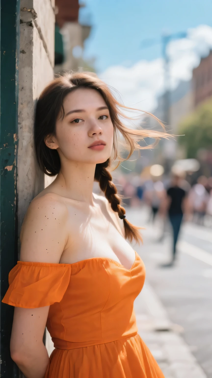 a woman posing on the forest's lake with orange sundress on, best quality, 1girl, large breast, day, bright, blur background, bokeh, outdoor, (street:0.8), (animals), gorgeous, (braided bangs:1.2), beautiful detailed sky, (dynamic pose:1.2), soft lighting, wind, shiny skin, (upper body:0.8), (freckles:0.8), mole under mouth, ((cum on face:1.2)), scared look
