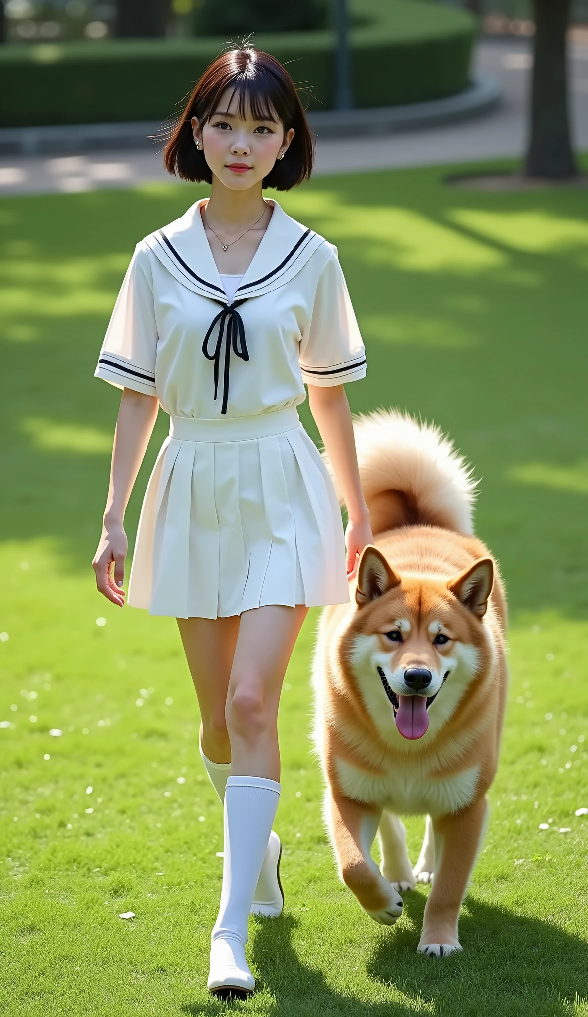 (Draw the whole body:1.4)、petite young Japanese women、(Small park)、lawn、Walking with a smiling dog、((A petite woman and a big dog are running side by side:1.45))、((A petite woman is in a white sailor suit、white pleated mini skirt、white skin、beautiful dark hair、bob cut、light makeup、Beautiful Thighs、white knee-high socks、white low heel pumps))、(dog with light brown fur:1.4)、Beautiful and huge breasts、Precisely depict the hands and feet、 RAW photos 、16K、reality、professional photography techniques、Ultra HD、(Angle of view from a bird's-eye:1.35)、16K、(real photo)