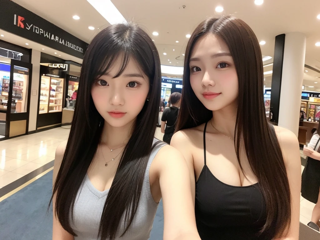 Indonesian girl 20-year-old Hairstyle Casual, F Cup Breasts wearing casual uptown selfie with her friend at mall