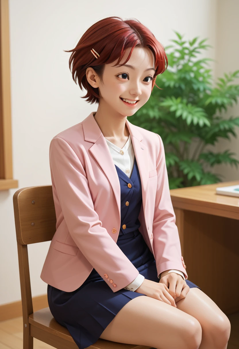 masterpiece, Highest Quality, kawaii, Japanese woman in her 20s, red hair, short hair, The hair bounces, blazer, skirt for ears, smile, sit on a chair