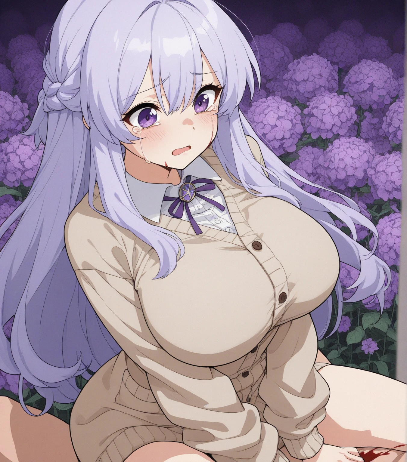 (fat photo:1.1, in white garden:1.5), Masterpiece, best quality, (very detailed CG unity 8k wallpaper), (best quality), High definition RAW color art, Animation,sculptures, (pink Marble Skin), (((Ultra detailed elegant))), Magical atmosphere, Detailed skin, Texture,(Intricately detailed, Fine detail, ultra-detail art), depth of fields, bokeh, Silky Touch, Hyper Detail, beautiful eyes, Elegant Face, (lying on bed), sparkle background, enormous breast:1.3, witchcraft outfit, (silver hair), pastel purple, Expressionless, wide open udder