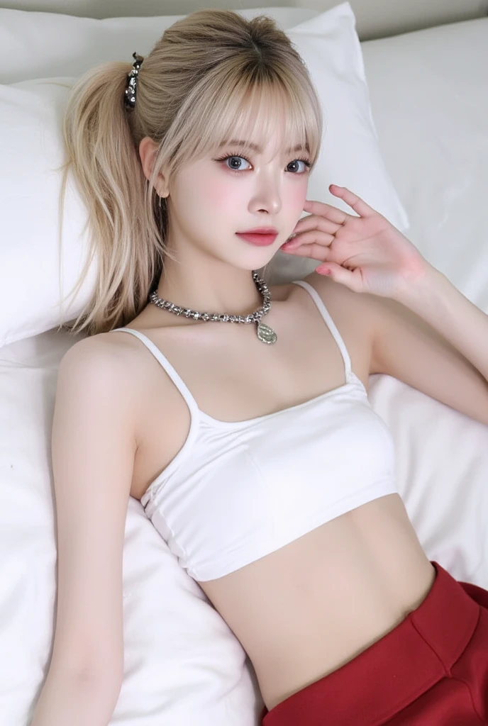 1girl, blonde hair, red eyes, choker. Mini bra, ear piercings, small breasts