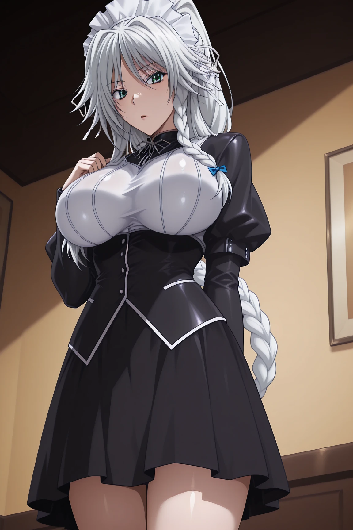 professional artwork, Intricate Details, field of view, sharp focus, detailed painting, photorealistic lighting, trending on pixiv, Standing at attention, sky blue bodysuit, tight bodysuit, ((huge breasts:1,3)), revealed skin, cleavage, bodysuit zip half opened, Beautiful body,Beautiful Nose,Beautiful character design, perfect eyes, perfect face, looking at viewer, NSFW,official art,extremely detailed CG unity 8k wallpaper, perfect lighting,Colorful, Bright_Front_face_Lighting, (masterpiece:1.0),(best_quality:1.0), ultra high res,4K,ultra-detailed, photography, 8K, HDR, highres, absurdres:1.2, Kodak portra 400, film grain, blurry background, bokeh:1.2, lens flare, (vibrant_color:1.2), shikkoku_yorihime, (seductive look, flirting, sexy), ((looking at viewer, front body pose))