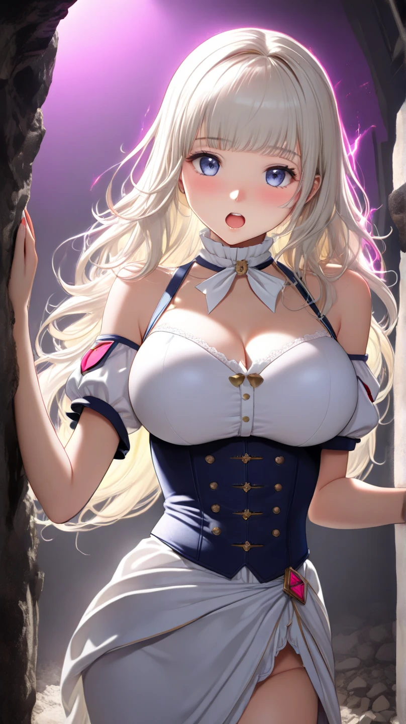(best quality:1.5, highres, UHD, 4K, detailed lighting, shaders), white wavy hair, gradient hair, large breasts, black shirt, skirt jeans, mature woman , black Witcher hat, (pov), white background, colorful red eyeshadow, dramatic lighting, smile eyepression, golden earrings, flowing hair, delicate facial features, soft skin, high cheekbones, white background, stand up, lean forward, full body