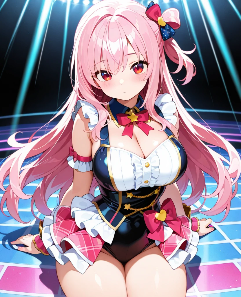 pink hair, long hair, hairpin, Blue eyes,, large breasts, live stage, , solo nipple