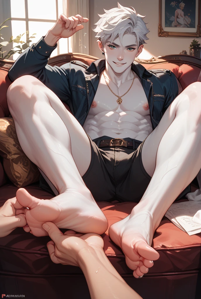 A tall man, muscular, clear skin, Hip-length hair, loose white hair, in sexy pose, whole body, Sitting with legs open, caressing his own chest