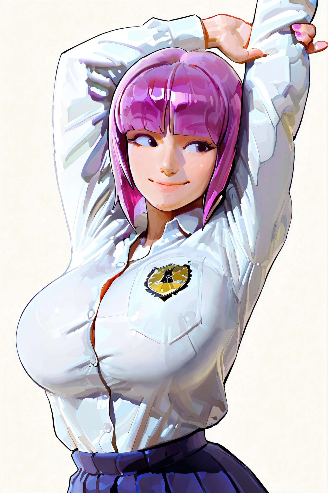 score_9, score_8_up, score_7_up, score_6_up, score_5_up, score_4_up, 
BREAK
(masterpiece: 1.0), best quality, perfect anatomy, perfect composition, perfection, Realistic proportions, realistic anatomy,
BREAK
use of shape theory, use of anatomy, defined body, defined textures, defined fabric folds. 
BREAK
Elegant, graceful, amazing anatomy, perfect form, perfect face, perfect hands, correct anatomy, high res, absolutely breathtaking, color variance, color tones, color contrast.sungmoo style
BREAK
1girl , solo , long hair , breasts , bangs , large breasts , simple background , inverted bob, purple hair, school shirt, huge breasts, stretching, looking to side, wide smile, 