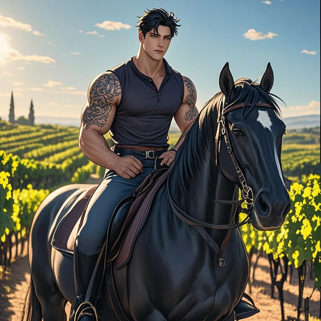 anime+hentai+yaoi style , masterpiece, best quultradetailed , ultradetailed art style, oil painting, fullbody, perfect compositicion, simetryc lay out, perfect anatoy, wearing small litle shorts, dramatic, natural lighting, a young gorgeous, handsome, tall, perfect feet, latino, detailed realistic muscles, simetryc body, focused expression, he is ridding a black and blue horse in a orange and blue roses in the garden , in the style rembrandt