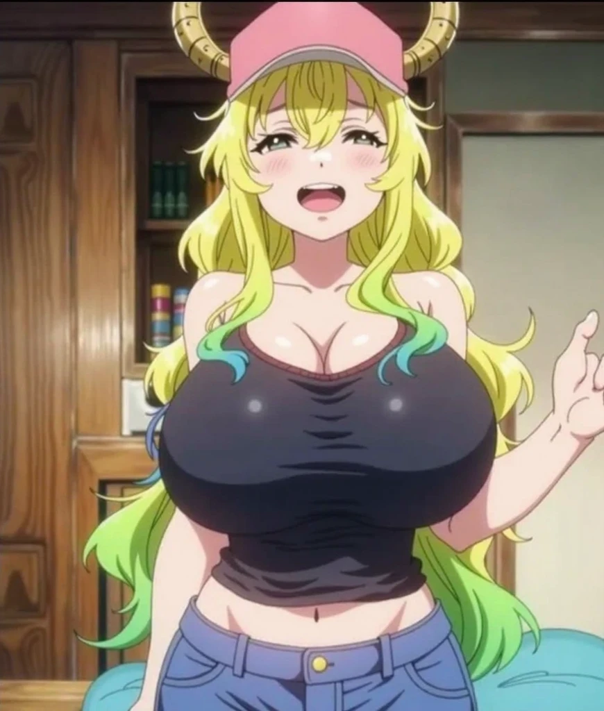 score_9, score_8_up, score_7_up, source_anime,masterpiece,best quality,highres,absurdres,official art,official style,source_anime,anime screencap,anime coloring,megami magazine,anime,animated,explicit, shiny skin,large breasts,lucoa (maidragon), multicolored hair, blonde hair, green hair, gradient hair,dragon girl, horns through headwear,baseball cap, blush, side, on side, closed eyes, head up, swallow, swallowing, closed mouth, neck, looking up, room
