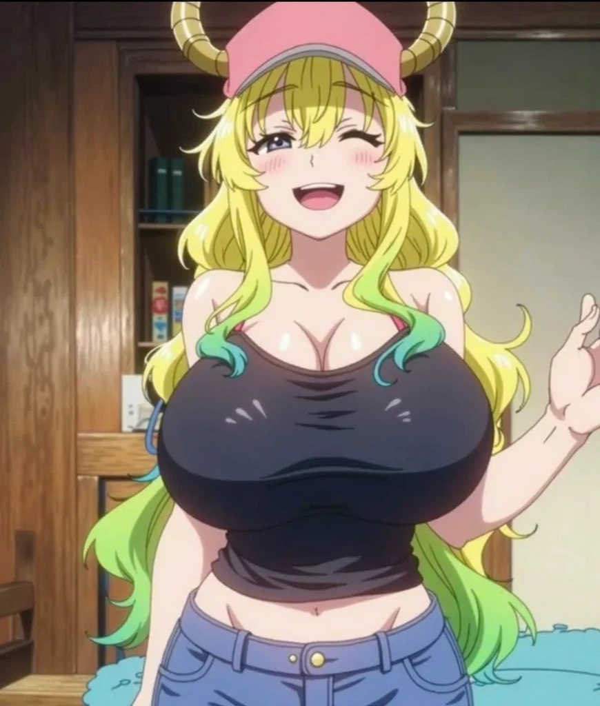 Lucoa, 1 girl, old, Lucoa (maid), horns THROUGH HEADWEAR, horns, Thighs, Alone, Closed eyes, has, Bermuda, wide, multicolor fur, SMILE, BLACK Thighs, Sleeveless, baseball cap, green fur, by rubio, DRAGON horns, dragon girl, faded hair, blush, pink hats, LARGE old, denim Bermuda, standing, SHORT Bermuda, door, INdoorS, denim, Closed mouth, neckline, BLUE Bermuda, HUGE old, BLACK Sleeveless, wavy fur, black shirt,1 girl, Alone, Upper part of the body, in front of the viewer, looking at the viewer, SMILE,huge nipples, Pool,hard nipples, huge huge natural breasts, hard nipples, erect nipples,lying on the bed in her room, giant breasts, huge huge huge natural breasts, hard nipples, giant breasts super enormes,gran SMILE en su cara , huge nipples, huge huge huge nipples,giant breasts
