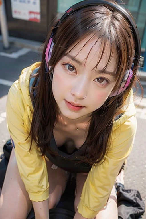 Highest quality, masterpiece, Ultra-high resolution,8k, (Realistic:1.6), (Close-up portrait:1.4) RAW Photos,((Uniqlo Sakura color bra top and pleated mini skirt)),((Nipples seem to be visible)),((Full body photo)),1 person,Omotesando,A slender adult 26-year-old woman,(Full of smiles, )) ,((Ponytail and Hair Tie)),((NEW ERA CAP)),((Looking up at the audience)),Face Focus:1.4,((Shooting from above with a fisheye lens:1.4)),