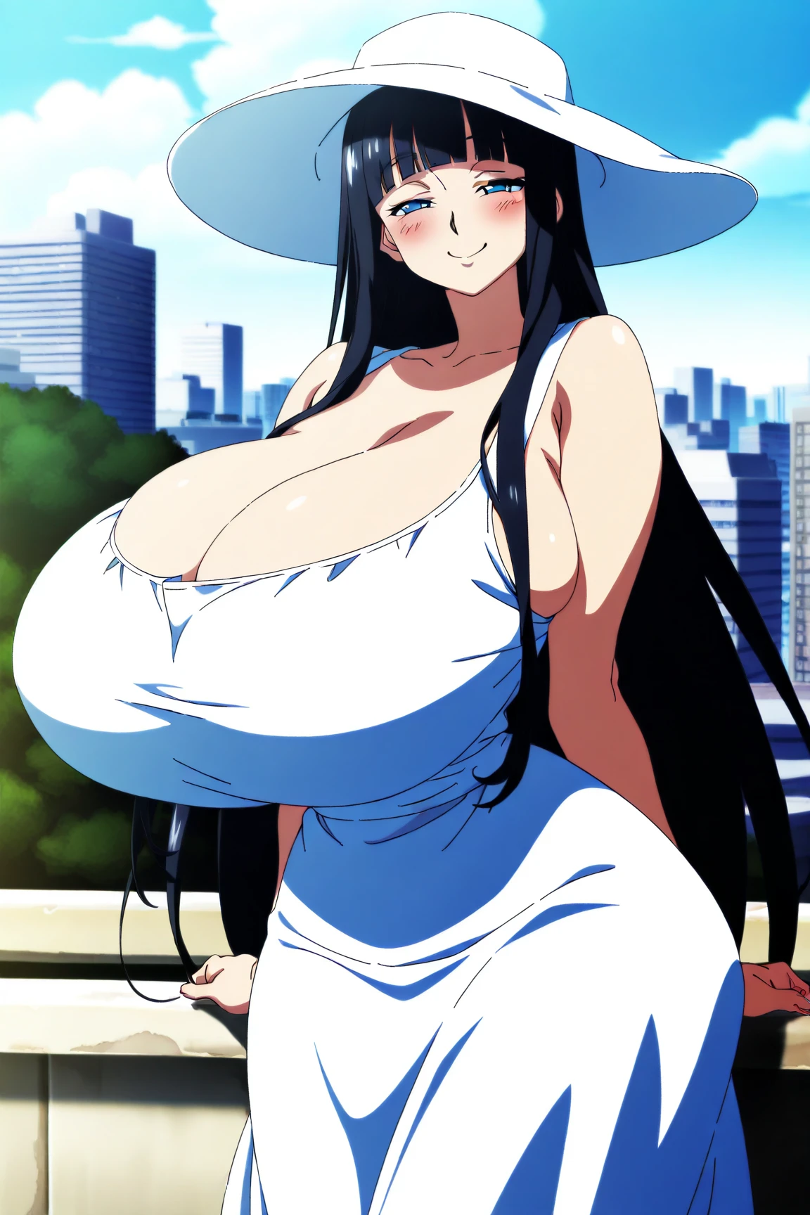 (1990s \(style\),retro artstyle,1990s anime cels style), best quality, ultra-detailed, high resolution, crowd people, 1gril, huge ahoge, bare_shoulders, white dress, neckless, turquoiseeye, tareme, long hair, straw hat, (half closed eyes:0.8), big eyes, straight hair, OmaHimaStyle, OmaHimaStyle, nose blush, smile, closed mouth, wood bench, sitting, from side, wind, wooden bus stop and shelter, upper body, waving