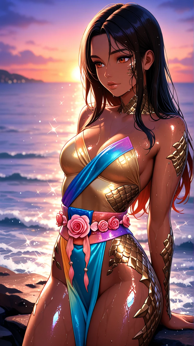 connie maheswaran age 25, ( extremely detailed CG, Mahagony-skinned female with dark Reddish-brown skin, black eyes, and phoenix back tattoo, wearing a full-body open back leotard, mini shorts with stars on the back pockets and a baret holding her black hair tight dragonbraid. strong , well-built, Perfect hourglass physique, amazing skin, strong oblong-shaped face, narrow convex hooked nose. strong, toned, wide heart hips,, biting lips enticingly, catching your eye, waving you closer to her). +( overlooking a coastal city with hands in her pockets,looking over her shoulder ,playful bottom hit) :+(view from behind, hd illustration, extreme long shot, rendered in Unreal Engine 5, hyper-realistic, , 128k, ultra - HD, intricate detail, super - res, webcomic animation, ink art, full-length portrait, wide-body shot, alluring aura and stare , ink art,Black ink,tattoo design outline, Lineart, brush art ,thin line animation, ultra-HD masterpiece, highest quality, highly detailed facial expressions,realistic expression, perfect piece, perfect prompt ,full length, best quality, intricately accurate facial and physical structure, intricately realistic expression and emotion, accurate colored complexion, accurate body anatomy, intricate bodypaint, complex hairstyles, intricate character detail, intricately expressive, intricate color design, complex emotions,)