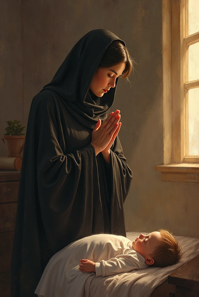 Saint Rose of Lima kneeling beside the girl's bed, praying intensely. A soft light illuminates Rosa and the girl.