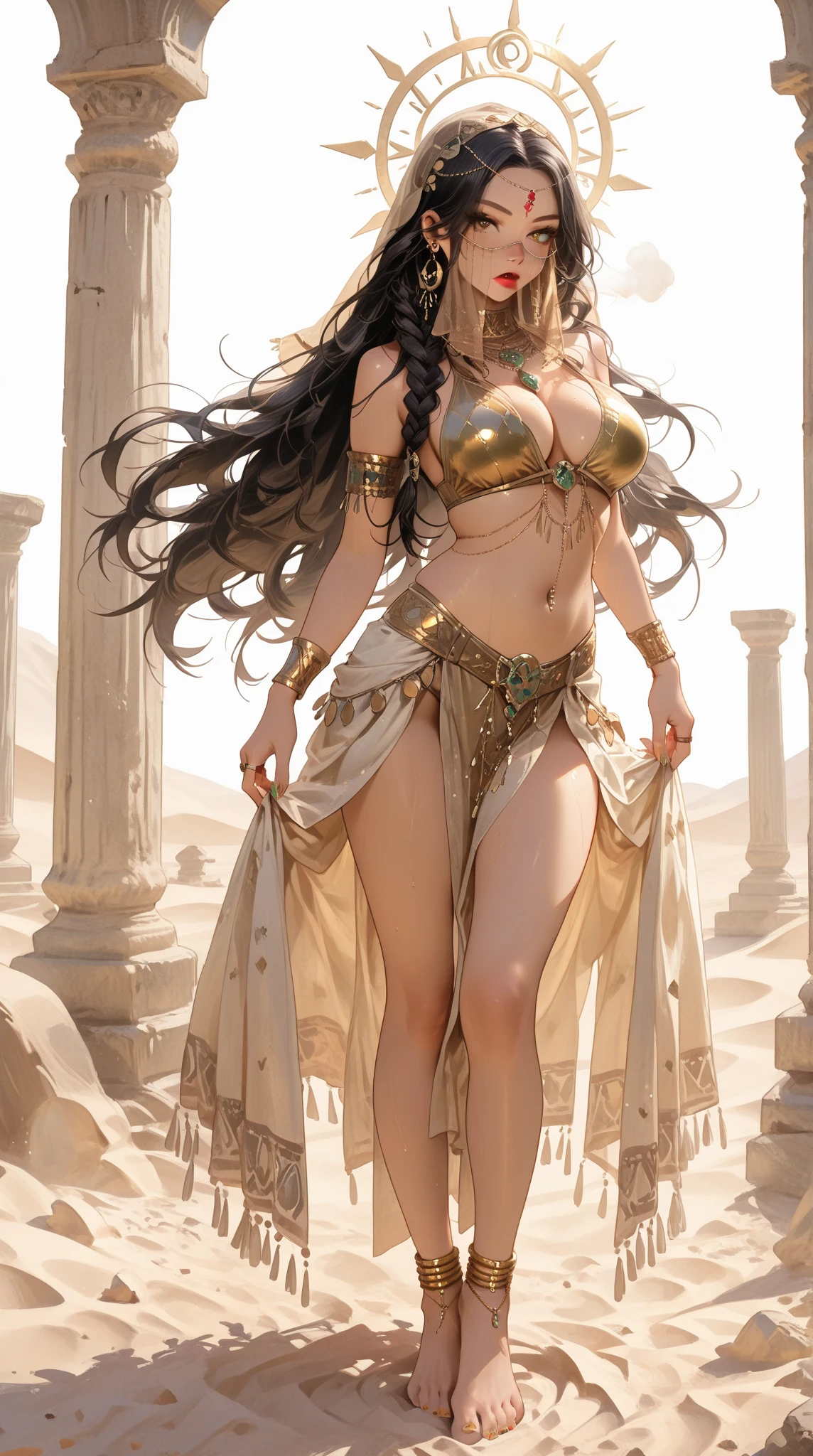 beautiful sexy and seductive girl full body black leopard, sf, intricate art masterpiece, sinister, matte painting movie poster, golden ratio, trending on cgsociety, intricate, epic, trending on artstation, by artgerm, h. r. giger and beksinski, highly detailed, vibrant, cinematic character rendering production, ultra high quality model, full body, two black leopard with golden spots, naked girl with leopard skin in arms, golden eyes, black hair fused with gold, very long hair down to the ground, interior of ancient Greek temple, Greek columns, temple absorbed by jungle, night light, full moon, sky with dark clouds and light rain, lightning, girl focused on scene, looking straight ahead, perfect body, slight smile, visible vagina, bald vagina, small breasts, beautiful breasts, leopard spot tattoos,shiny wet skin,