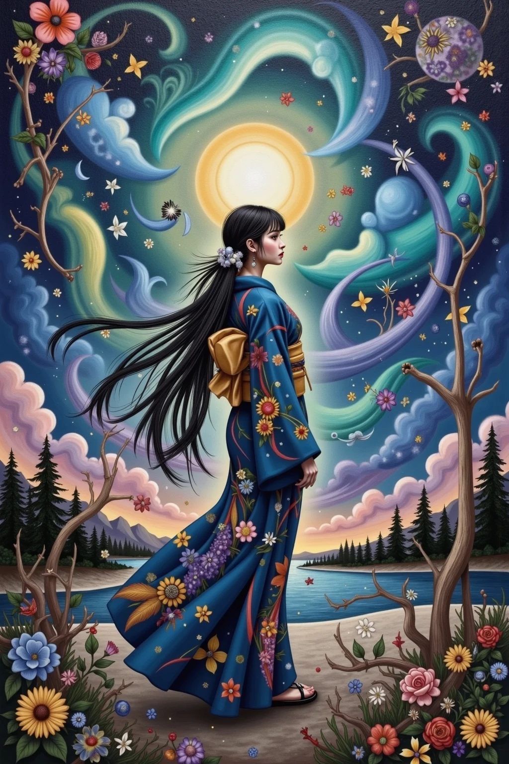 featuring auroras、写実的な油絵のscenery画, women in kimonos、solo、dark eyes、black hair、fine art,scenery,nature,Mysterious,fantastic,dynamic on the aisle,colorful,real,dramatic,4K,8K,high definition,masterpiece,ultra-fine,フォトreal,HDR,UHD,studio lighting,Advanced Techniques,Clear Focus,physically-based rendering featuring auroras,professional,Vivid colors,Bokeh