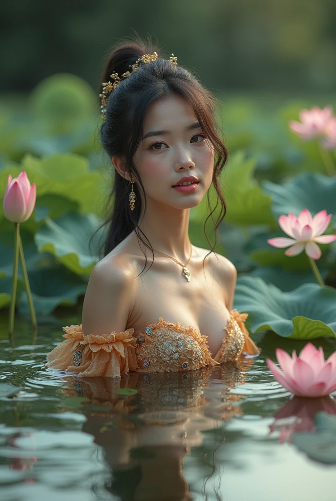 Ancient Chinese beauties sit on stones，wearing ancient Chinese costume，Flowing tulle，Light silk，Lazy posture，large lotus leaf，lotuses，Ink painting style，clean color，Decisive cut，Leave white space，impressionistic，tmasterpiece，ultra-detailliert，Epic composition, high qulity, HighestQuali, 4K ，Bigchest，Bare breasts --v 6