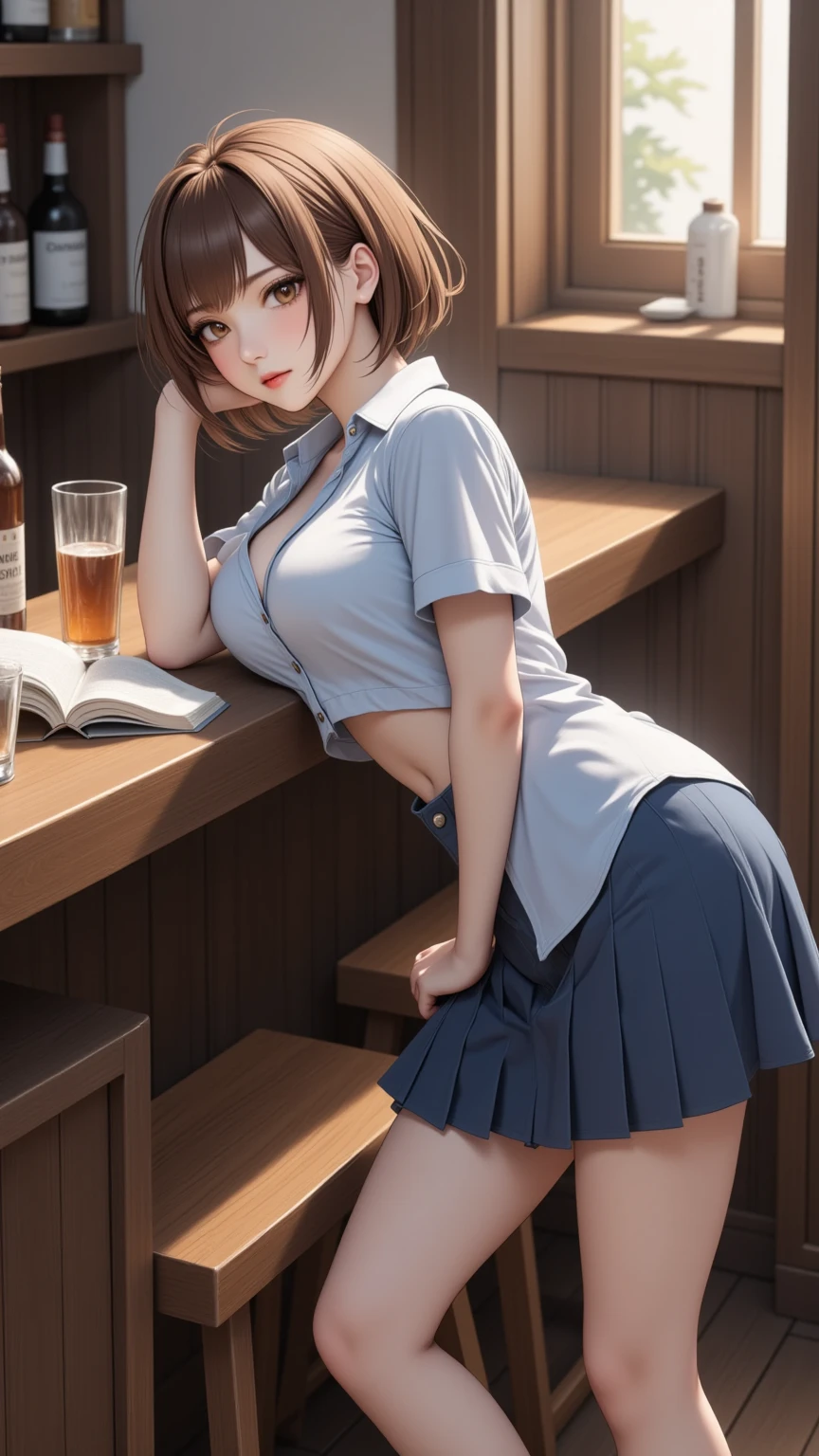 (reality: 1.4),highest quality, masterpiece, high detail, 16K quality, beautiful, 1 beautiful girl,japanese,super beautiful face,baby face,detailed face,beautiful skin,oily skin,big eyes,profeccional lighting,black hair,short hair,brown beautiful eyes, wet skin,white blouse,cleavage cutout,(checked mini skirt),white panties,(Flirtingly lifting her skirt to show her panties:1.3),(from bottom:1.3)black high socks, (spread pussy), big breasts, blush, she is looking at the camera, smile, classroom, blue sky,nsfw,from below,standing,back shot,