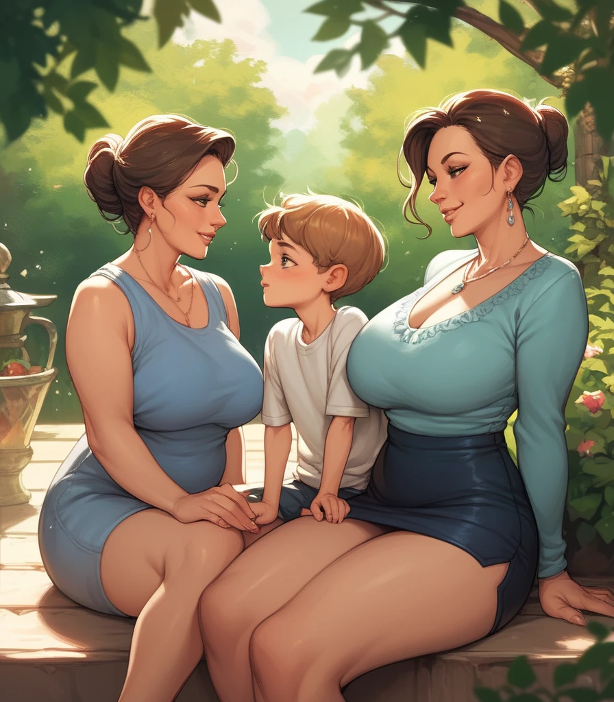 score_9, score_8_up, score_7_up, source_anime, 1boy, 1girl, female is smiling, mother and son, kid, sing side by side, looking at each other, ((cleavage)downblouse), (cupping her breast)