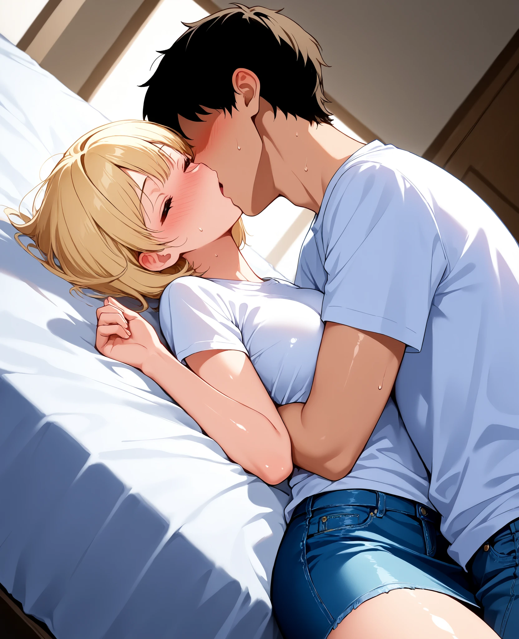 score_9, score_8_up, score_7_up, 1woman, solo, hair, closed eyes, white milky porcelain skin, white-skinned female, short blonde hair in a bob, lovely medium breasts, perfect body, white t shirt, denim miniskirt, sweat, female organism, open mouth, looking at viewer, head tilt, nose blush, blush, indoor, bed room, day time, shiny skin, against bed, lying down , upper body, 1woman, 1boy (faceless, face on girl's face,
intense kiss, deep kiss, kiss ), hug. Dutch angle.