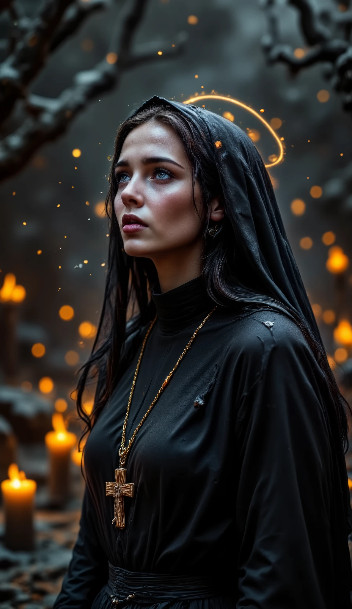 Epic realistic portrait, Black and white photography, 25 years old scantily clad sexy sad nun looking up on right side into heaven with jesus on the wooden cross necklace on the chest, warmth of breath exhalation from nose and little open mouth, goose pimples, in open cathedral, one leg visibly from the suit, more sweaty in face and body naked nun under a wet torn ripped dirty in the typical habitus, halo above head, in the winter with snow more fog volumetric lights more fire torch and candles some with raising dark smoke, full body, Hasselblad X2D 100C, looking into the lens, in the night and dark corridor, focus f=1.2, more stars bokeh, distance=25 ft, epic backlight, looking into the lens, light from above to down and face. 8k nordic woman... --ar 9:16