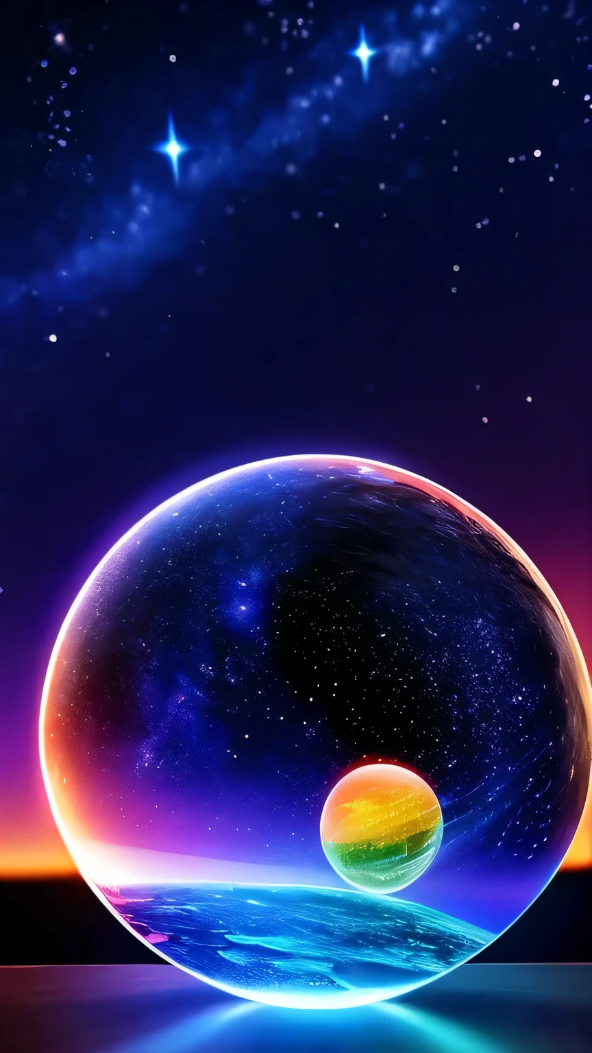 beautiful night sky background looking at stardust、Crystal ball in the image、Beautiful night sky background with a view of stardust on a shiny ebony desk、bright room、high quality、masterpiece、ultra high definition、realistic、photoreal、HDR、UHD、studio lighting、orders of detail、professional、Vivid colors、Bokeh 
