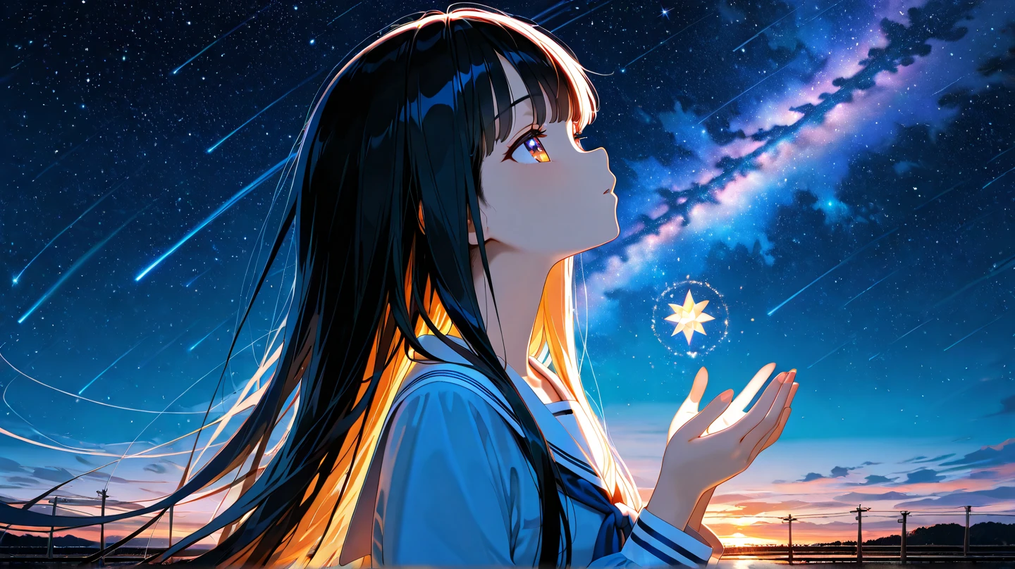 close up of a young woman wishing upon a star on a starry night with a gazebo in the background, anime bishoujo style digital art.