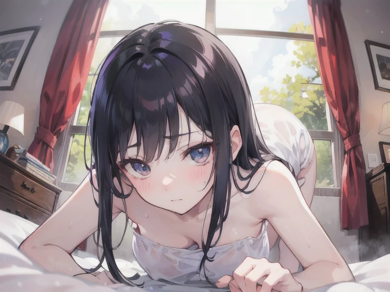 r18,Completely naked,Masturbating with your hands,Ecstatic expression,Black Hair,short hair,Young Girl,low length,On the bed
