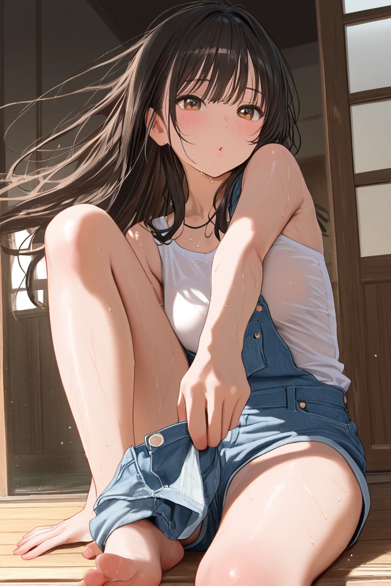 ((masterpiece,Highest quality;1.3,best illustration)),before rape,cowboy shot,1woman、独奏,25 year old beauty,((very small head:1.5)),dark brown hair,long hair,bangs,brown eyes,gorgeous eyes,blush,Scared,small breasts,((very long body:1.3)),((toned body,slender body,skinny)),gleaming skin,shiny skin,oily skin,(wet,Black zip-up hoodie outer jacket、White tight T-shirt、denim micro shorts)、White sneakers、kneeling,Inside the storage shed、at night、