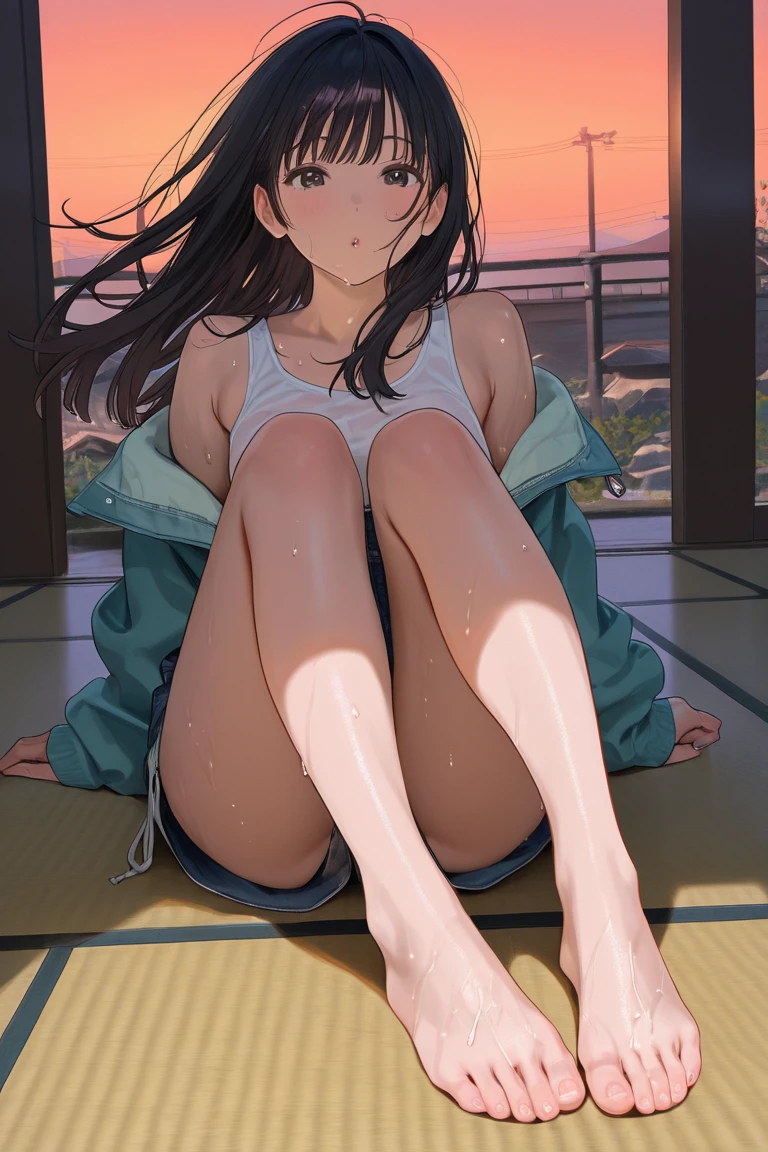 ultra-detailliert, hight resolution, (Realistic, Photorealistic: 1.4), 8K, Raw photo, (masutepiece), (Best Quality), physically-based renderingt, Female college student, long brown hair, sand beach, _white_Shirt、Burnt skin、brownish colors、Loose Socks、Panchira、opening legs