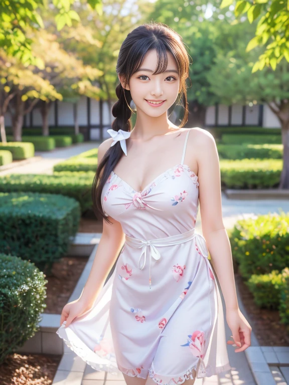 Highest quality,8K, Detailed facial depiction, Detailed description of the eyes,One Woman, Light brown hair(Short Hair),Hair tied up,Beautiful Japanese Girl,24-years-old,Cute eyes,Cute Smile,Yukata beauty,White floral yukata,Slender body, Large, plump breast size, Long and beautiful legs,Smiling, Colorful earrings,necklace,Are standing,Beautiful nape,Summer festival