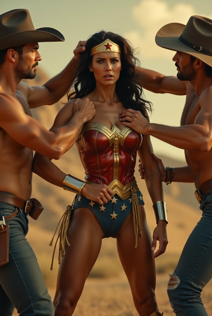 Wonder Woman in a skimpy suit stands in a hunched pose.,Surrounded by 4 men with burly builds.
