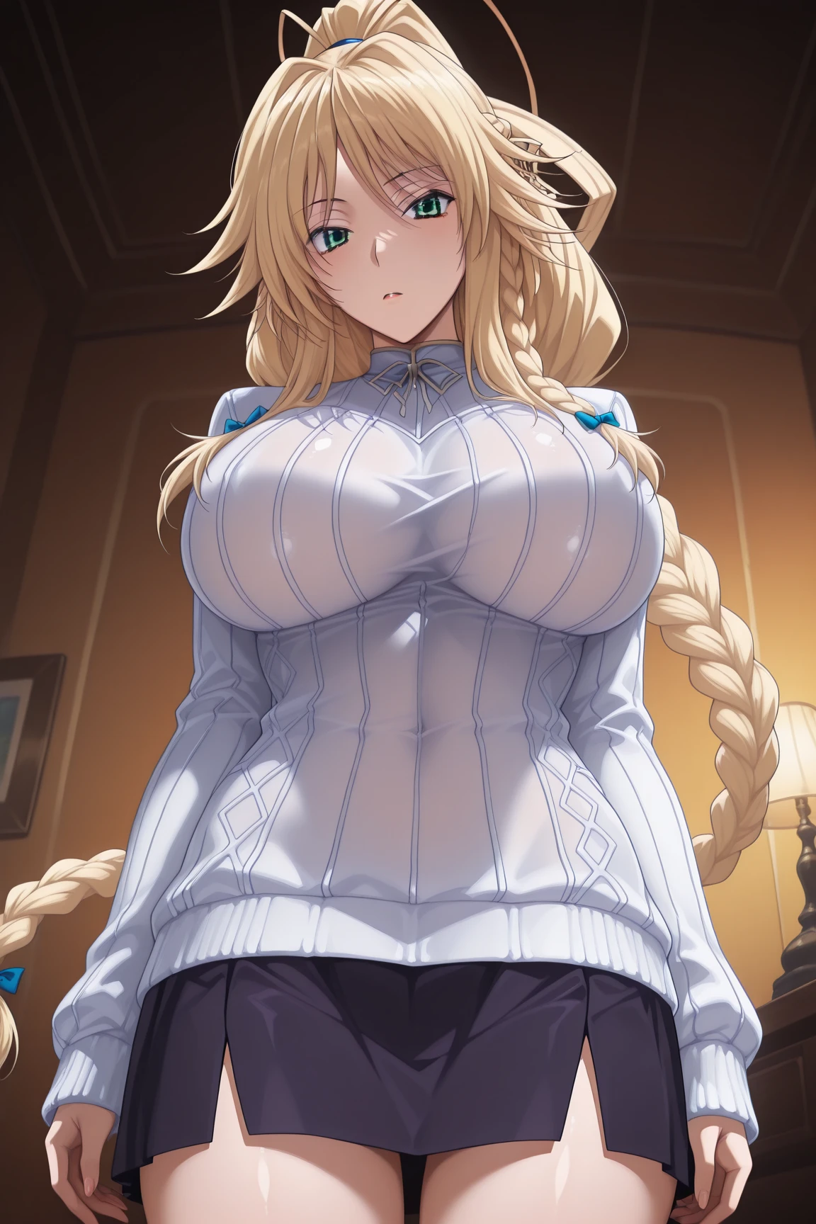 jeannedarc, jeanne darc, blonde hair, blue eyes, long hair, (medium breast:1.2),
BREAK bare shoulders, black necktie, black thighhighs, braid, (long braid:1.5), miniskirt, navel, necktie, shirt, single braid, sleeveless, sleeveless shirt, thighhighs, white shirt,
BREAK looking at viewer,
BREAK outdoors,
BREAK (masterpiece:1.2), best quality, high resolution, unity 8k wallpaper, (illustration:0.8), (beautiful detailed eyes:1.6), extremely detailed face, perfect lighting, extremely detailed CG, (perfect hands, perfect anatomy), big breast, H-cup, good breast, beautiful, gorgeous,anime,girl,lora, (huge big breasts:1.5) nipple visible though clothes