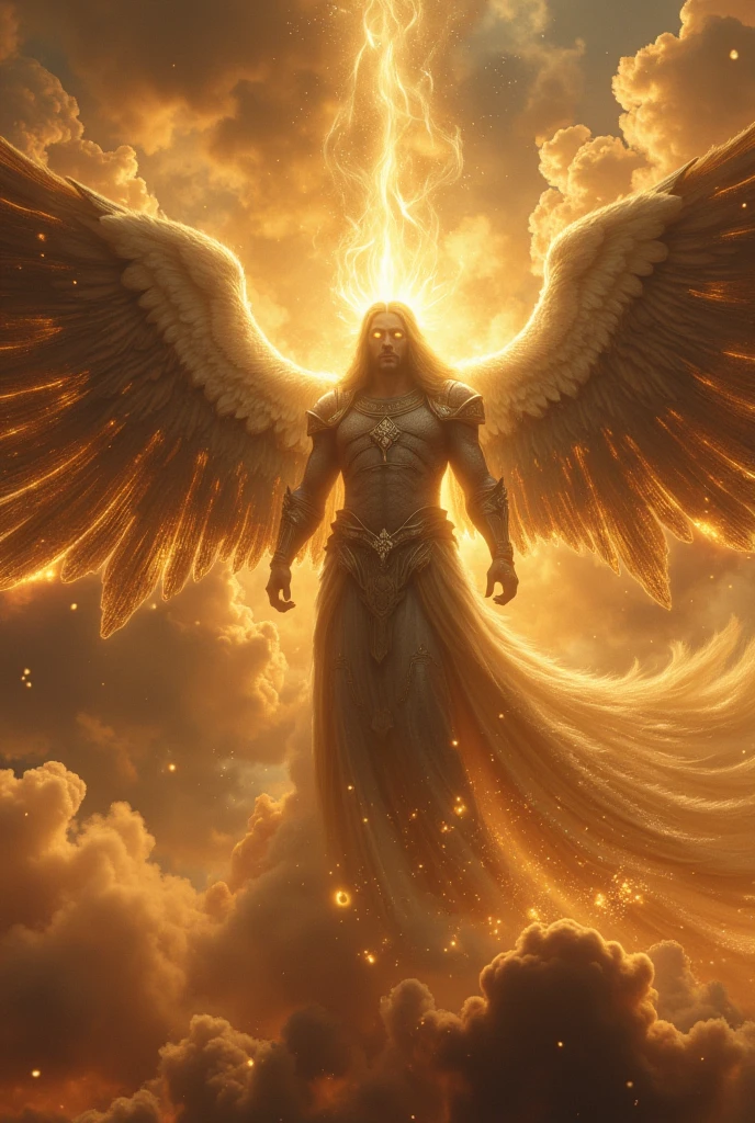 holy paladin, glowing light eyes, glowing golden wingiomechanicals, The colors are very vivid, Light particles, Glowing light angel, wings on angel's back, Mshiv, wallpaper art, ultra HD wallpaper, looking upon a super Gigantic God with light covering God's face, with white hair and white beard, seated on his large golden white thrown, 32K UHD, style raw.