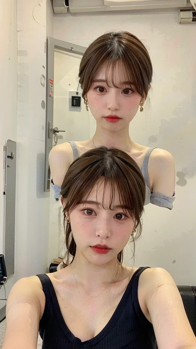 (lifelike, realistic, high resolution:1.3), 1 fille avec un corps parfait, Super fine face and eyes,Longhaire,pigtails, Very tight tank top in random colors:1.2, jupe courte, tetas grandes, Exposer le décolleté, peeping nipples