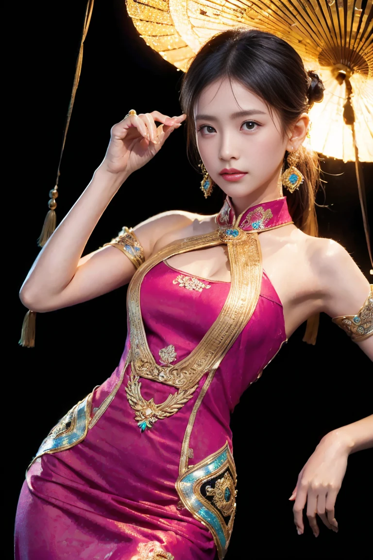 ((sexy Chinese-inspired side slits dresses:1.5)), enchanting, adorned, charming,(Camel toes:1.1),lace-thighhighs ,captivating, alluring, stylish, bedazzled,(fit body:1.2),(white background:1.35),BREAK , 1 girl, solo, show skin, cleavage ,extremely beautiful lady hands on hips,(looking at viewer:1.2),flat chest, nipples, BREAK ,intricate details, athletic and fit body, adorable, vibrant, playful, perfect hands, detailed hands, perfect eyes, detailed eyes,(blush:1.45),(gyaru:1.2), (tanned skin:1.1), (dynamic dancing) ,BREAK ,(short bob cut hair:1.4),(wind:1.4), realistic, HDR, UHD, dynamic,(colorful:1.3) , blooming light effect, nsfw,