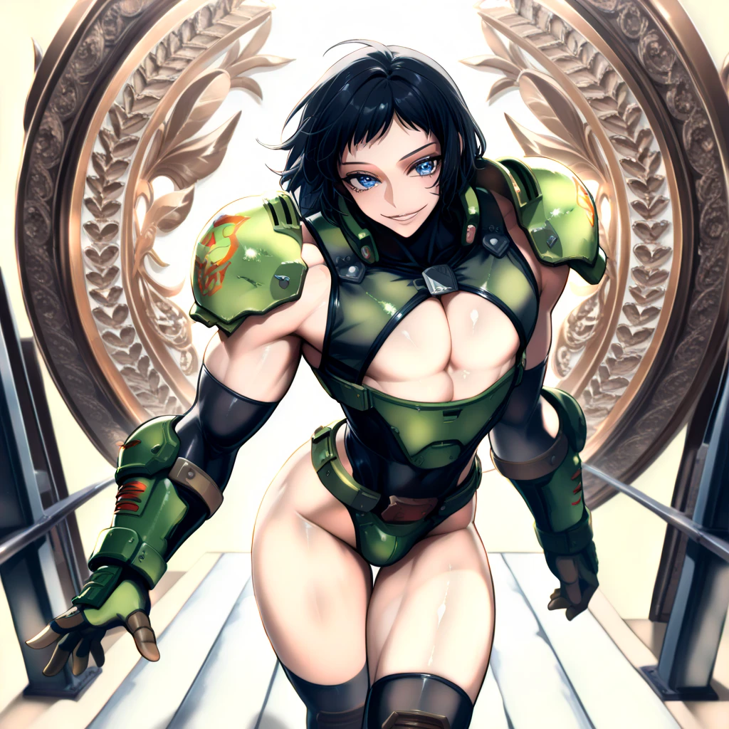 nude girl whit:"(((soldier girl asking to fuck)), anime girl holds a gun and dark cave, 1girl view, gun, solo, blue eyes, black hair, smile, symmetrical face, perfect body, full body, holding gun, cave, indoors, looking at viewer, dark cave, short hair, random angle, cowboy shot, short _doll sexy girl, short mecha-armor, nude, sexually indecent armor, armor skin, random angle, ((ligth green-black armor)), nsfw, +18. )"