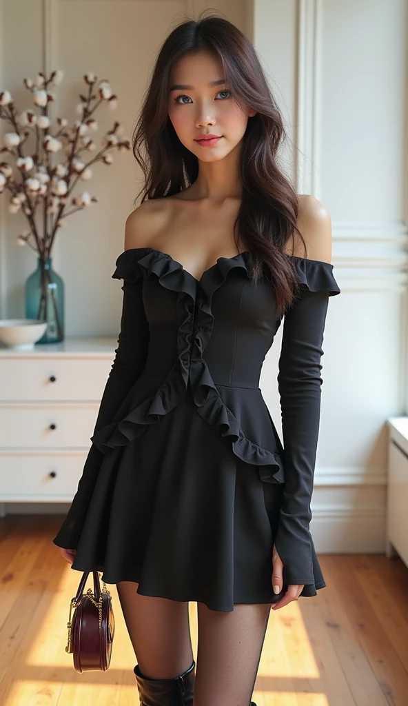 Jeune femme brune, vêtue d’une robe ???? sexy, marchant en centre ville de lille france. Image de qualité, 8k, Full HD
