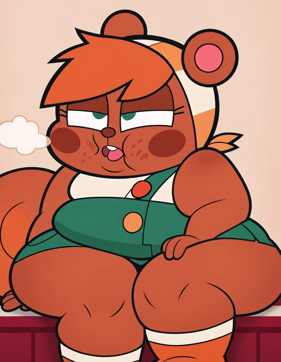 NITABS, Bear Girl, red hair, Short hair, hair ornament, Bear ears, no pupils, ((shaded face)), black eyebrows, dark skin, dark skinned female, bare footed, Jewelry, necklace, green dress, belt, Capri, 独奏, Hand on the Wall, looking a viewer, grin, huge breasts, wide hips, Perfect fingers