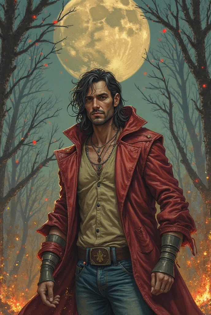 The man, cruel face, short beard, glowing red eyes, dark hair, curtain Hair, shoulder long hair, hunk, dragon sorcerer, green trench coat, cargo pants, comic cover, Film-poster, Epic