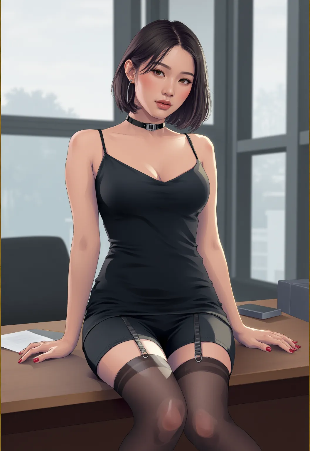 Show entire body, photorealistic 32k intricate view of an Asian female, dark brown skin, pixie haircut, warehouse, tight t-shirt, short skirt, black pantyhose, no shoes, she’s tied to a chair