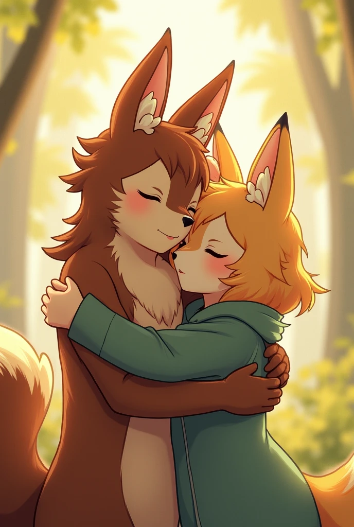 Kemoshota, (masterpiece,best quality), (beautiful contrast of Light and shadow), Naked,White,furry boy, Nature,, (blush),a smile,tail, flaccid, small tiny phimosis, foreskin, cute boy, huddling, kiss to a boy, boys love, dynamic angle