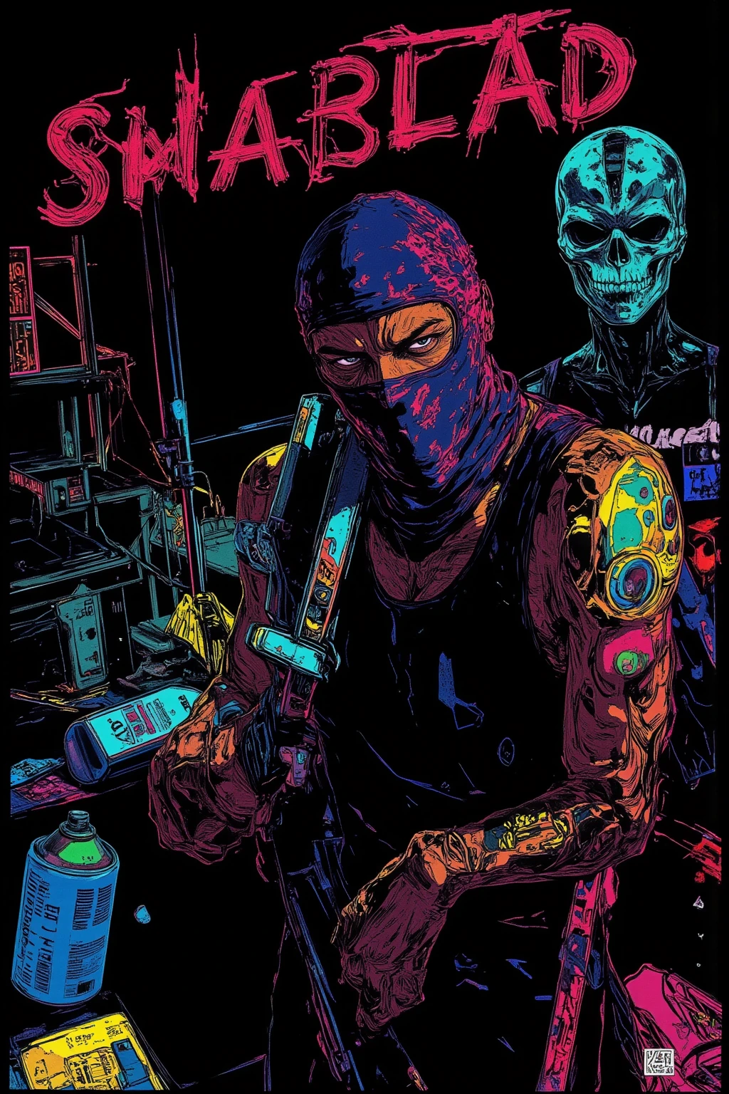 Spiritual art of a man graffiti artist at night in 壁の落書き , Balaclava that completely covers the face ,Street Gang Fashion,ager, Art of Rebellion Moving at Night ,graffitiのタグ付けと爆弾 ,urban art ,GTA's Fictional City Streets of San Andreas, Counter art , Level music ,Spray cans, Colorful Paint Graph , Balaclava that blends into the dark , Bandanas as Fashion Items , Move at night , Night of the Rebellious Man , Surreal and Colourful Fantasy Pop Art , dmt Death of Ego , Psychedelic and pop mix , graffiti, drawn on a black background,high resolution pop art ,8k,full color illustration , visionary art style , Detailed Artwork,anatomically accurate, So Unreal, Luminous graffiti ,