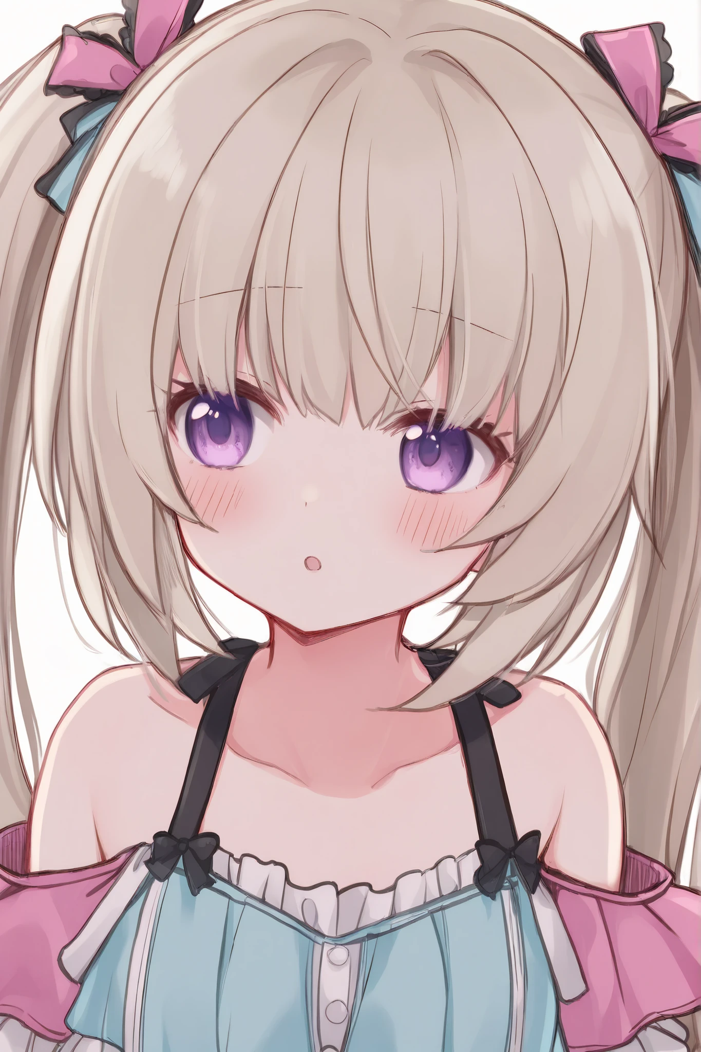 A young anime-style girl with short, platinum blonde hair styled in two pigtails, wearing a playful outfit featuring a frilly crop top with black straps and decorative light blue and pink accents. She has large, expressive purple eyes and a shy expression. The background is plain white, emphasizing her delicate appearance.